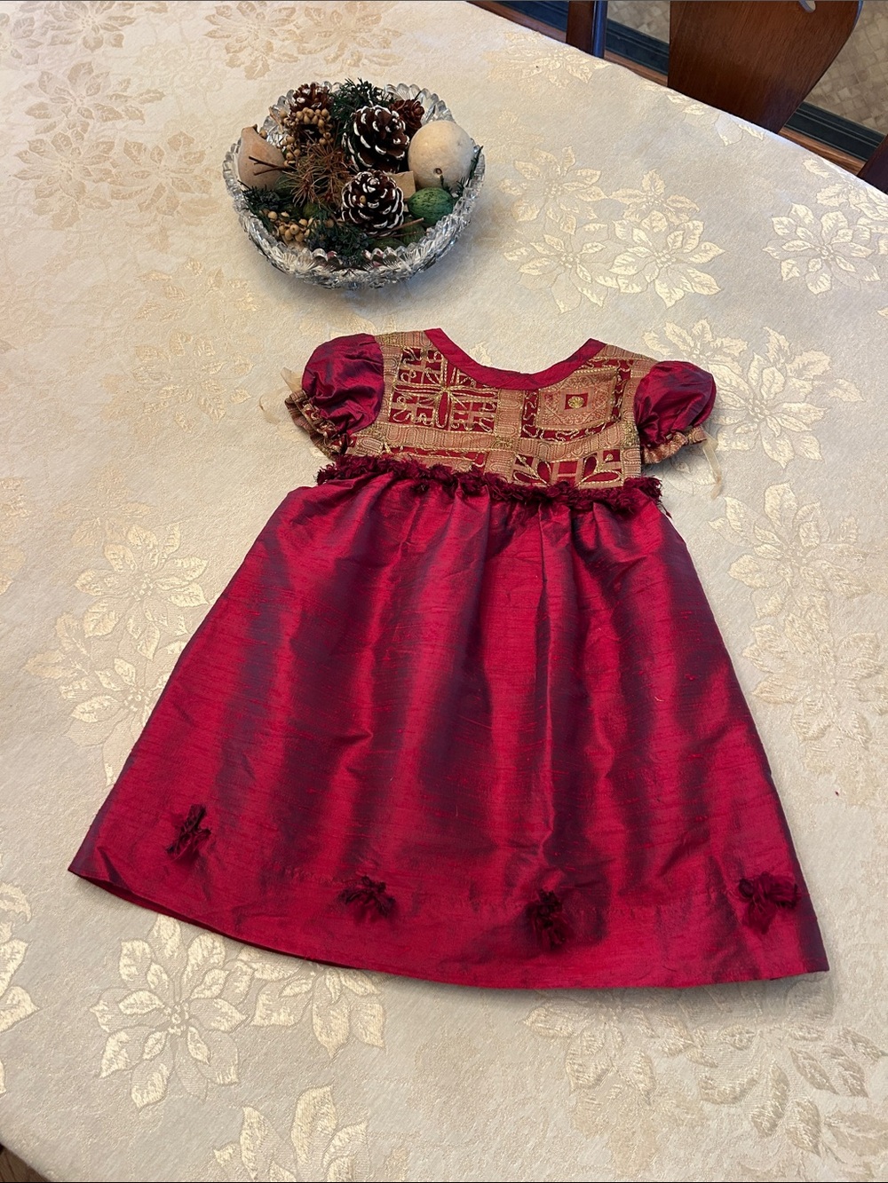Girls' Burgundy & Gold Holiday Puff-Sleeve Dress